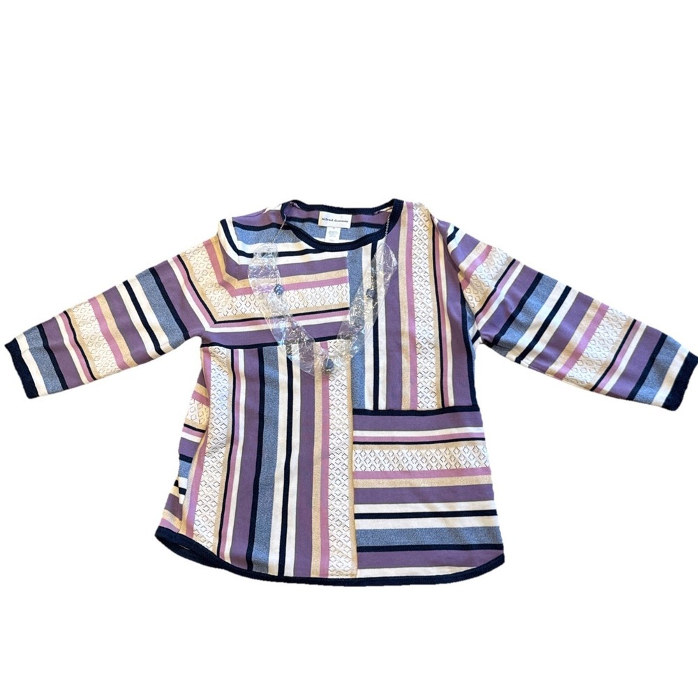 Alfred Dunner Woman Medium Patchwork Top 3/4 Sleeve Crewneck Lavender Fields NWT